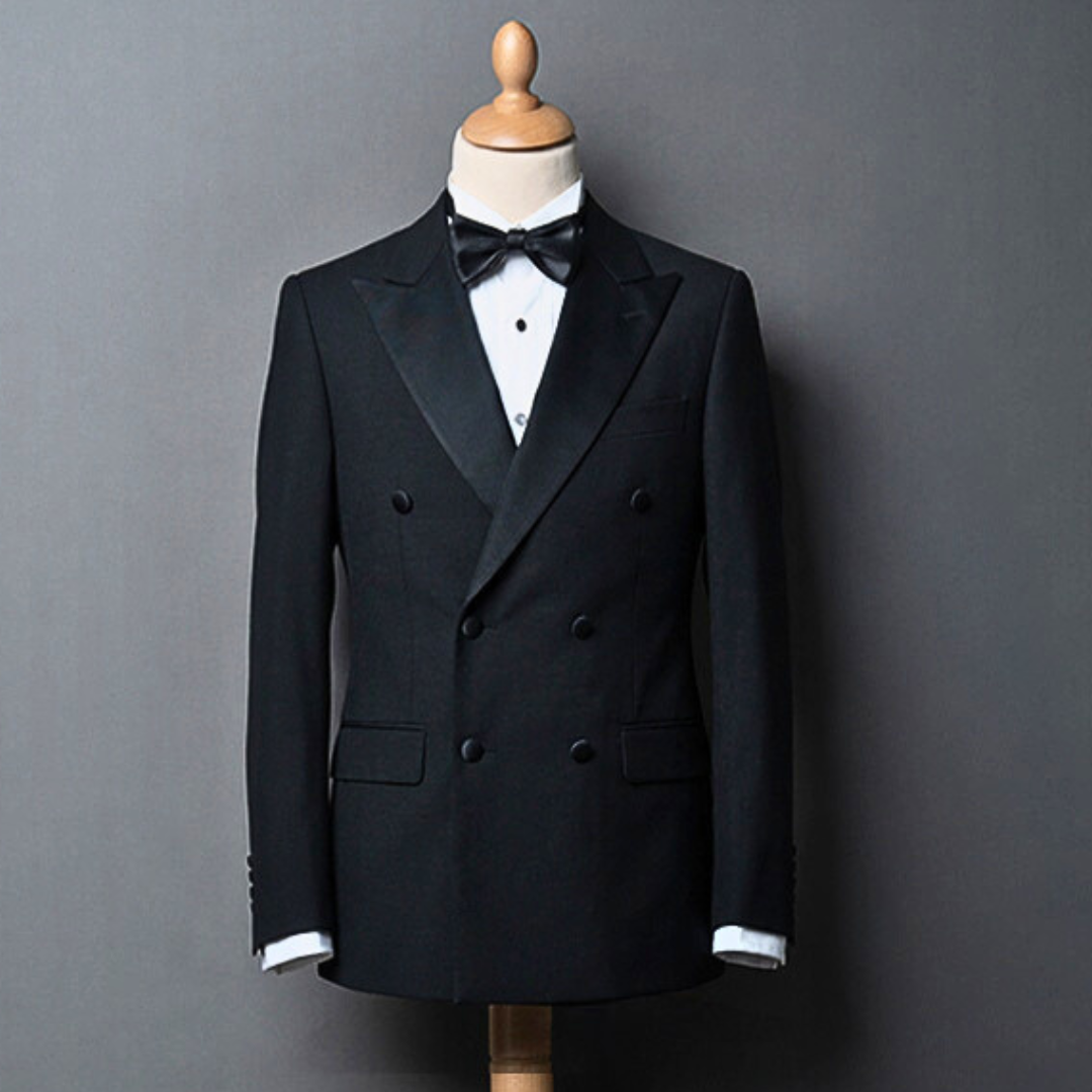 Double breasted peak lapel black tuxedo