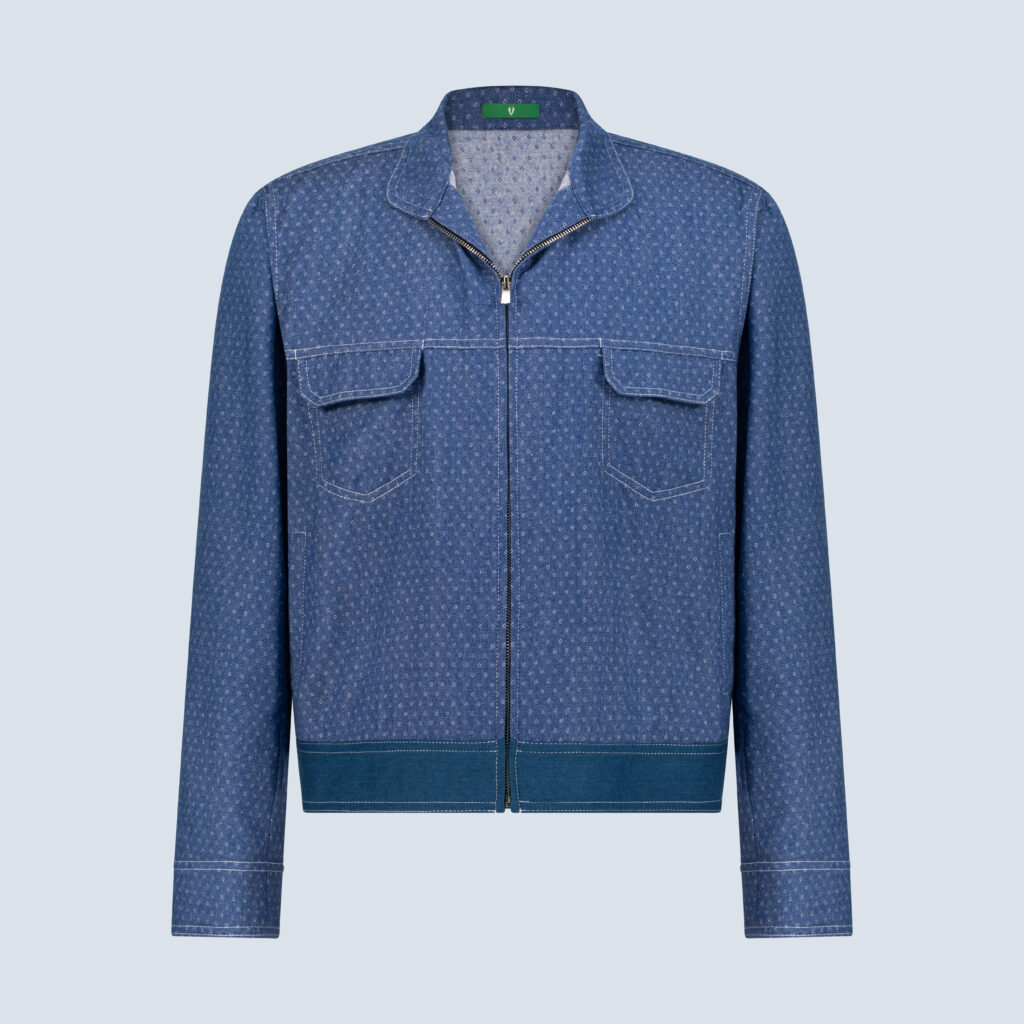 Blue Dobby Denim Jean Zipper Jacket