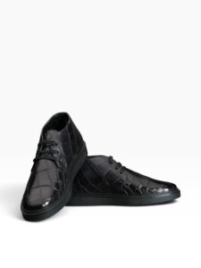 Black Hand-Painted Crocodile & Beaver Fur Chukka Boots