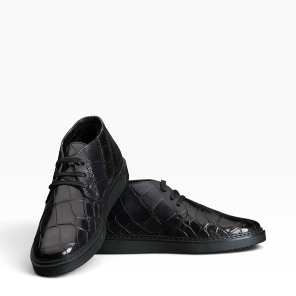 Black Hand-Painted Crocodile & Beaver Fur Chukka Boots