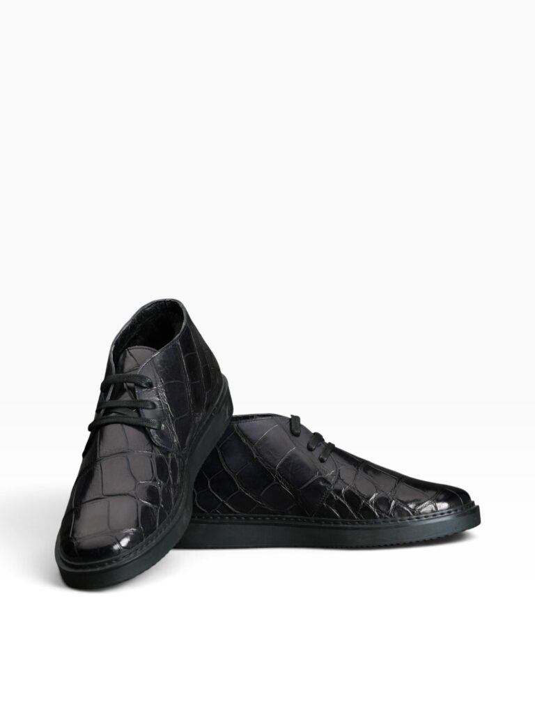 Black Hand-Painted Crocodile & Beaver Fur Chukka Boots