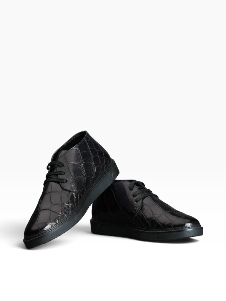 Black Hand-Painted Crocodile & Beaver Fur Chukka Boots