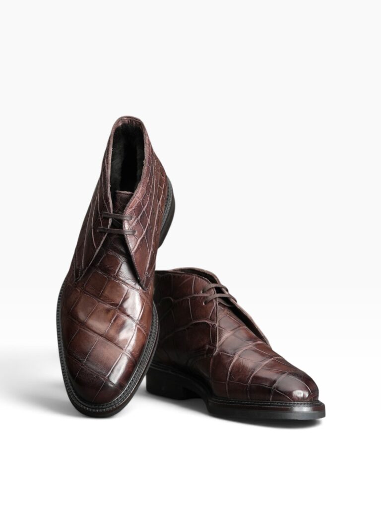Deep Cognac Crocodile-Embossed Beaver Fur Chukka Boot